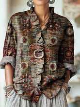 Women's Vintage Ethnic Circular Geometric Painting Art Print Casual Cotton And Linen Ruffle Shirt